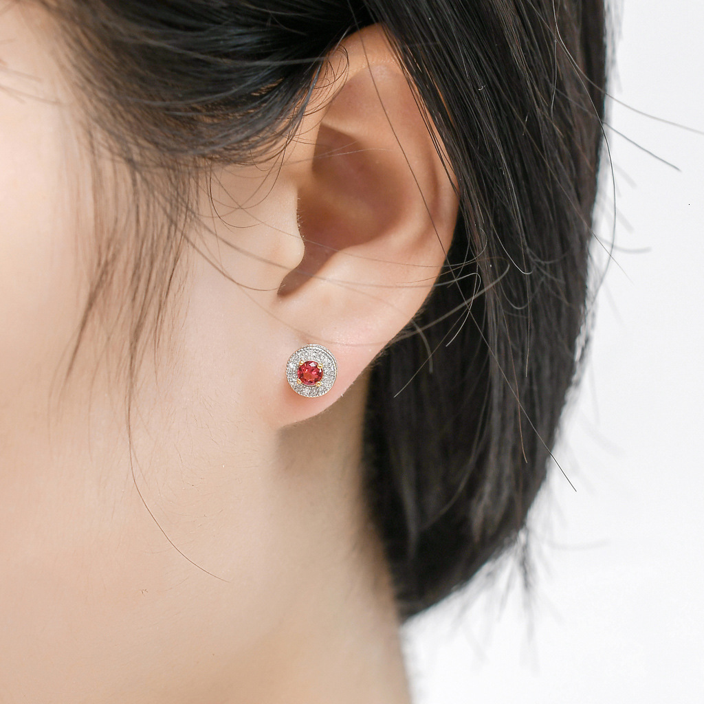 S925 Yintong body pure silver ear nail round micro inlaid blue and red male and female Earrings hip hop Earrings Mozambique earrings