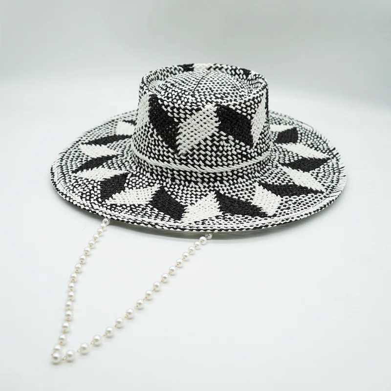 Black White Pattern Toquilla Straw Hats Summer Panama Hats Pearls Chain Sun Hats for Women Men Handmade Fedora Beach Travel Hat W250602