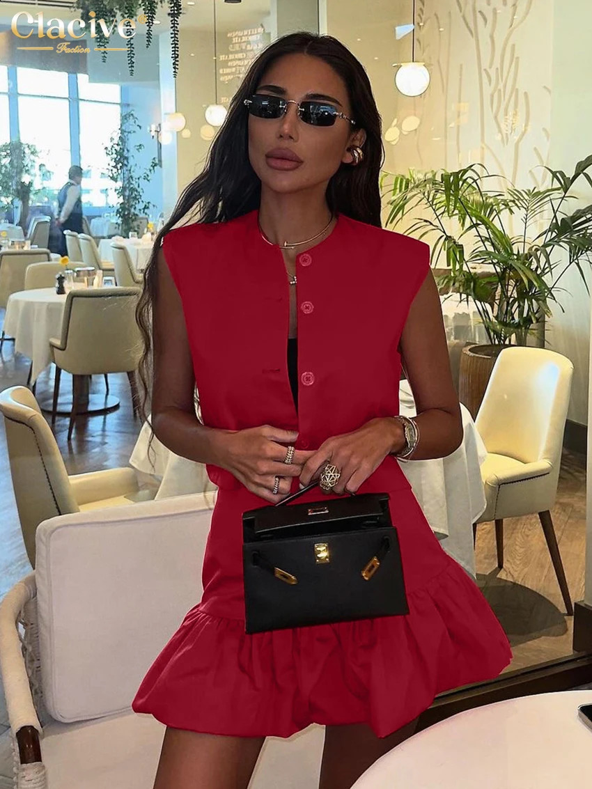 Clacive Summer Loose Red Cotton Womens Two Pieces Set 2025 Fashion Sleeveless Tank Top With High Waist Mini Skirt Set Female 250530