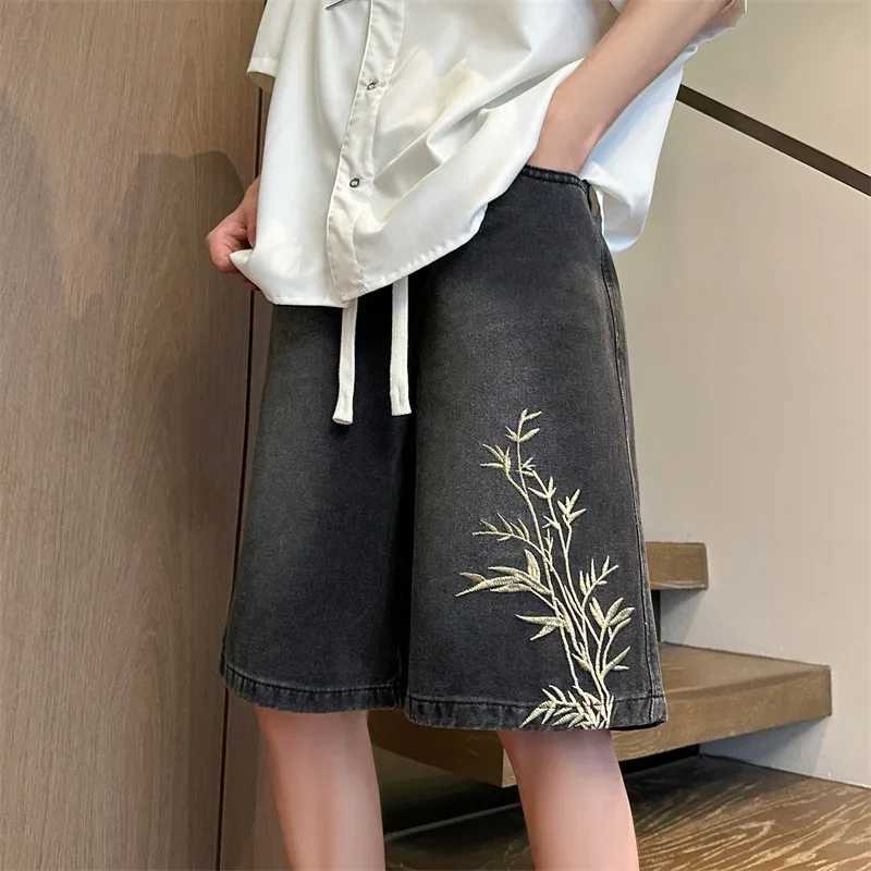 Summer Y2K Baggy Denim Shorts Men New Bamboo Embroidered Short Jeans Pants Vintage Harajuku Hip Hop Streetwear Wide Leg Bermuda T250603