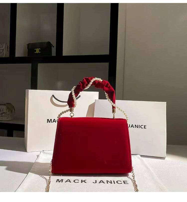 Veet Red Square Fashion Pearl Chain Women Handbag Lady Purse Shoulder Messenger Banquet Bride Wedding Bag
