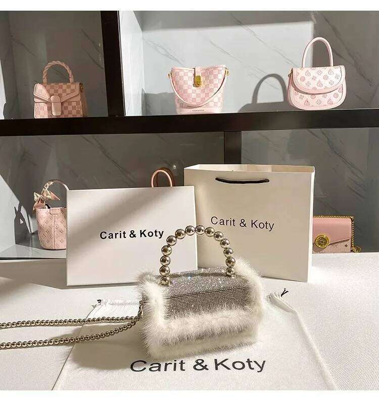 Autumn Mink Hair Square Glitter Shiny Dias Evening Wedding Party Clutch Purse Women's Handbag Shoulder Crossbody Bag