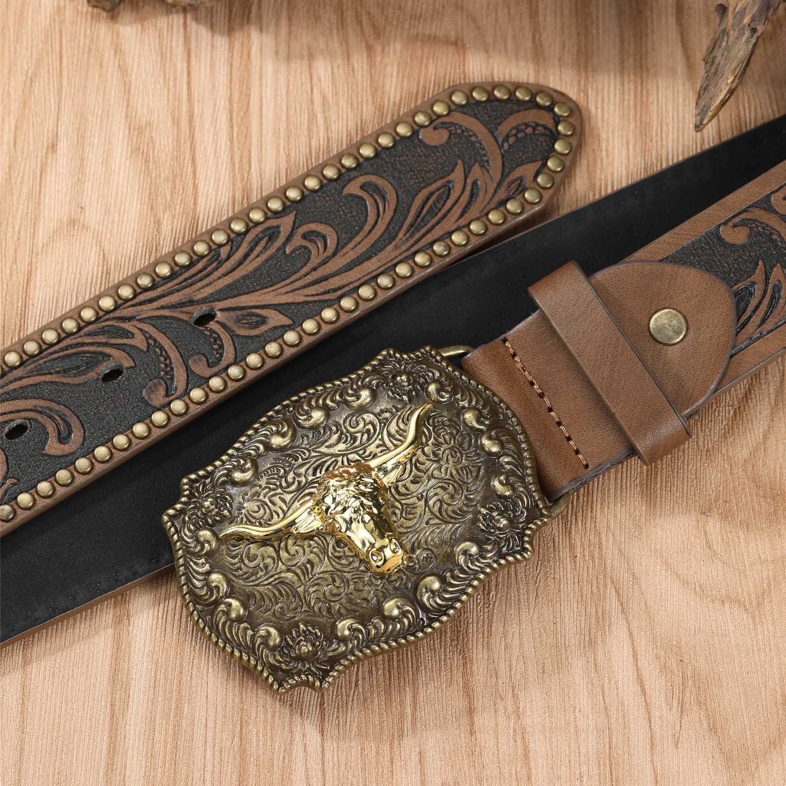 Western Cowboy Belt Cowhide Big Plate Buckle Trend Retro Belt Punk Style Pu Leather Belt XJ250602