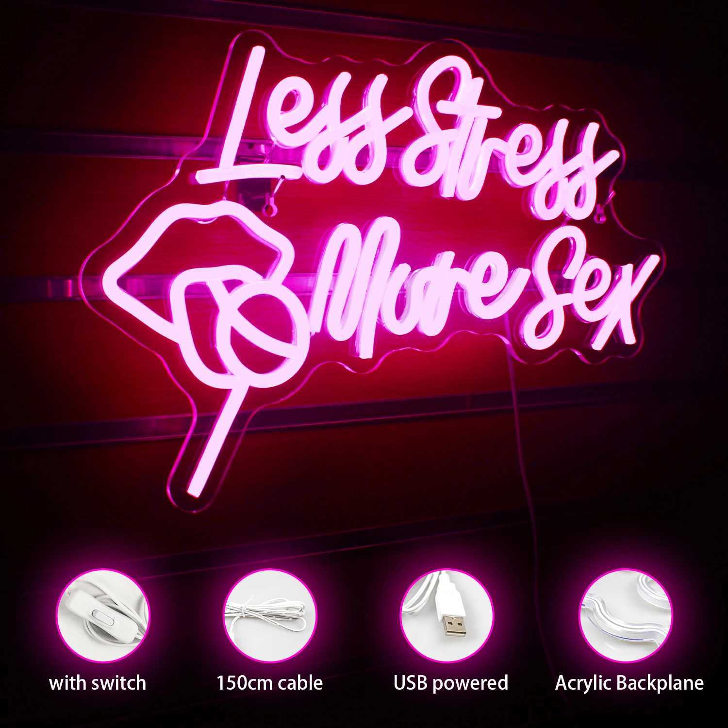 Less Stress More Sex Neon Sign Wall Decor Bedroom USB Neon Sign Lights Home Bar Hotel Cafe Birthday Party Man Cave LED NeonXJ250602