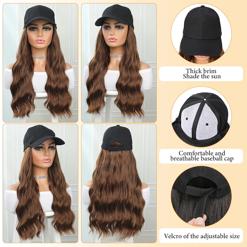 Baseball Cap Synthetic with Hair Extensions 24 inch Long Wavy Heat Resistant Fiber Hairpieces Adjustable Hat Wig for Women 250530