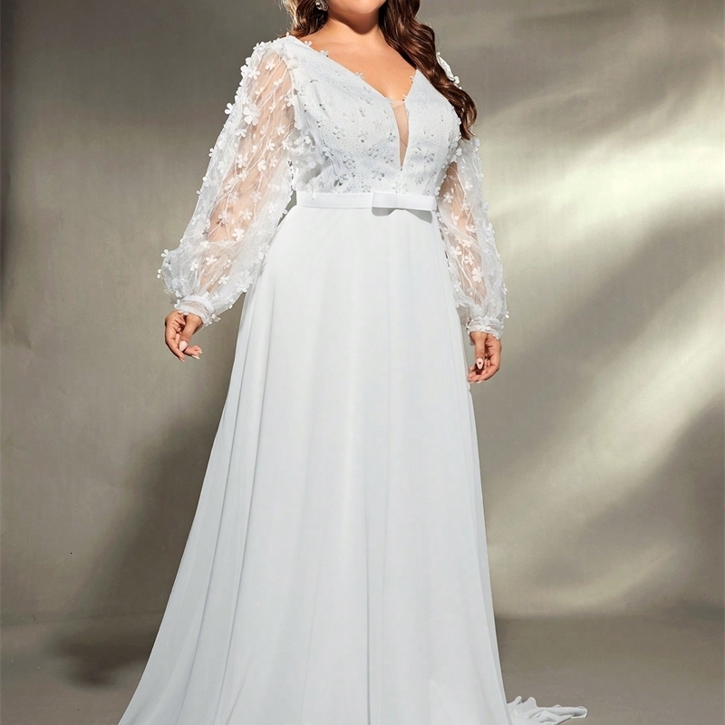 Mgiacy plus size Vneck threedimensional embroidery chiffon train wedding dress Evening gown Ball Party 250519