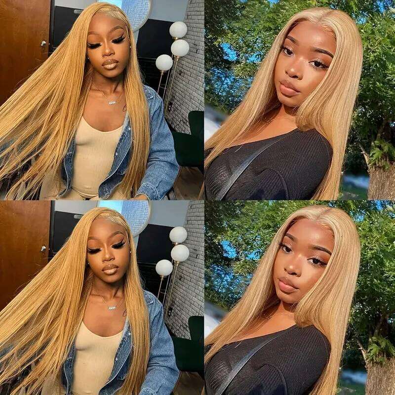 Bone Straight 13x6 HD Transparent Lace Front Human Hair Wigs #27 Honey Blonde Colored Wig