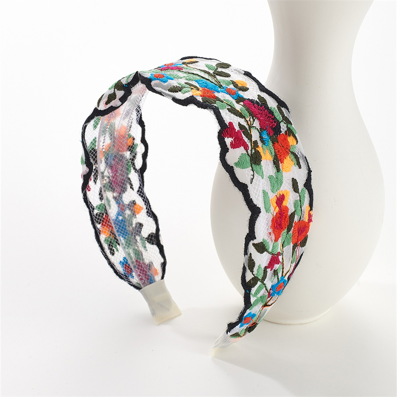 Vintage colourful flowers embroidery hair band 2025 new lace lace non-slip pressure hair wide side headband