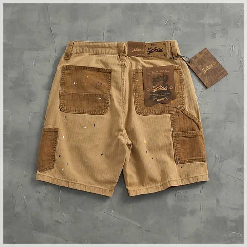 Personality spray paint to do old cargo shorts mens American casual color patchwork fishbone nail loose straight mid-leg pants T250603