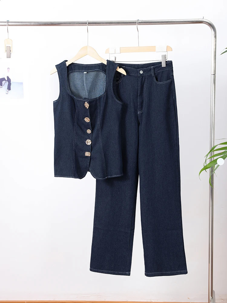 Vintage Womens Denim Sleeveless Set Crop Top With Chic Buttons Matching High Waist Slim Fit Jeans Casual Streetwear Outfits 250530