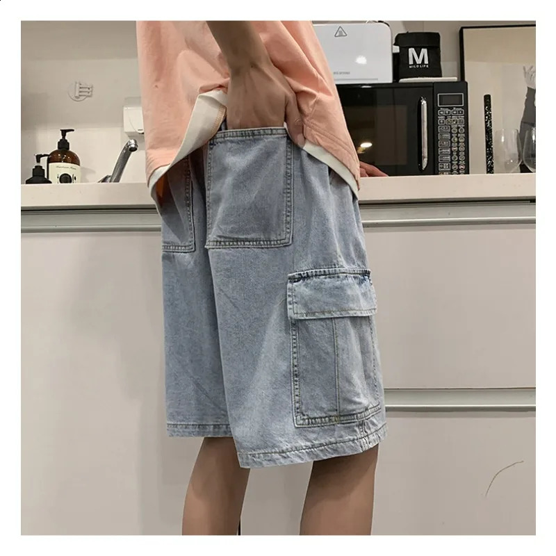 Summer Retro Blue Cargo Port Loose Big Pocket Thin Fashion Washed Five Point Casual High Waist Shorts Denim 250529Z