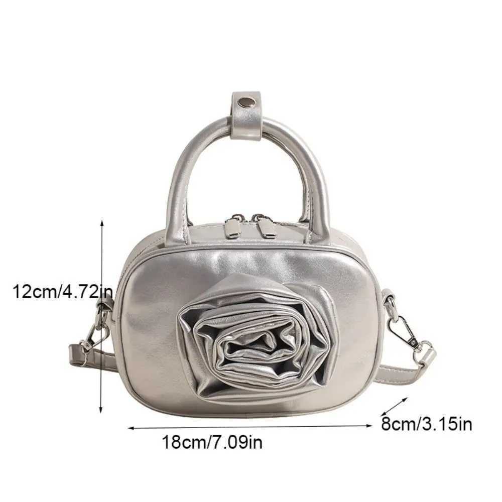 PU Leather Rose Flower Bowling Bag Single Shoulder Solid Color Silver Handbag Korean Style Purse PU Crossbody Bag Underarm W250602