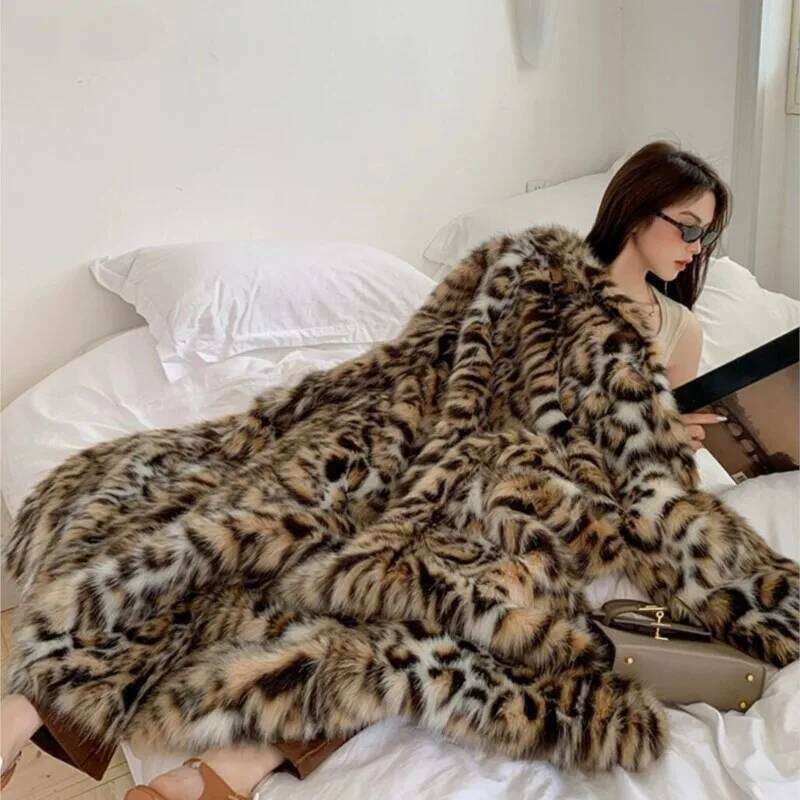 High quality Winter Animal Leopard Faux Fur Extra Long Coat Full Sleeve Warm Shaggy Jacket Loose Outerwear