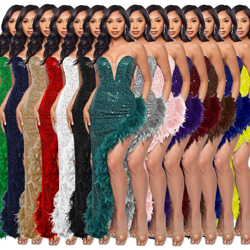Ins European and American Strapless Backless Sequined Feather Dress, Women's 2025 Temperament Versatile New Trend Clothing ins