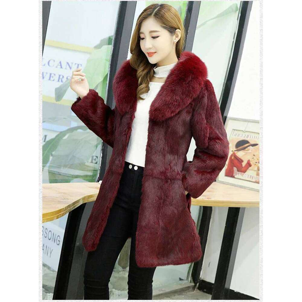 New Women's Real genuine natural rabbit coat with fox collar girl's fashion fur jacket outwear custom any size