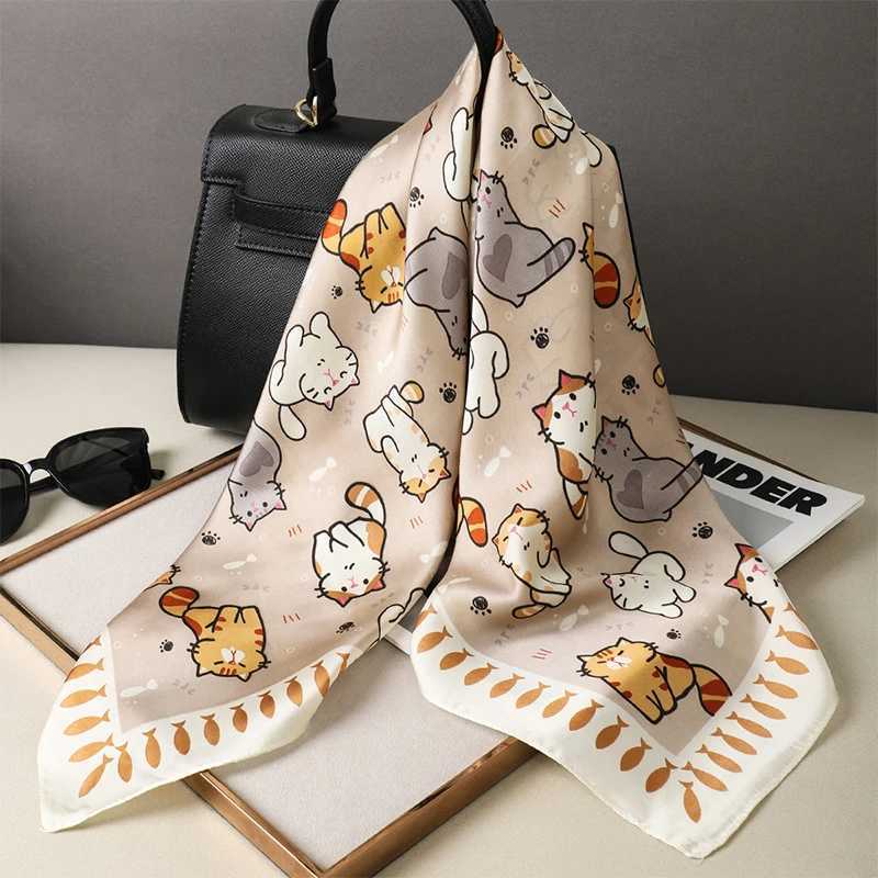 2024 Design Fashion Square Silk Scarf Women Hairband Cat Printed Small Satin Shawls Foulard Neckerchief Female Headbands Bandana W250602