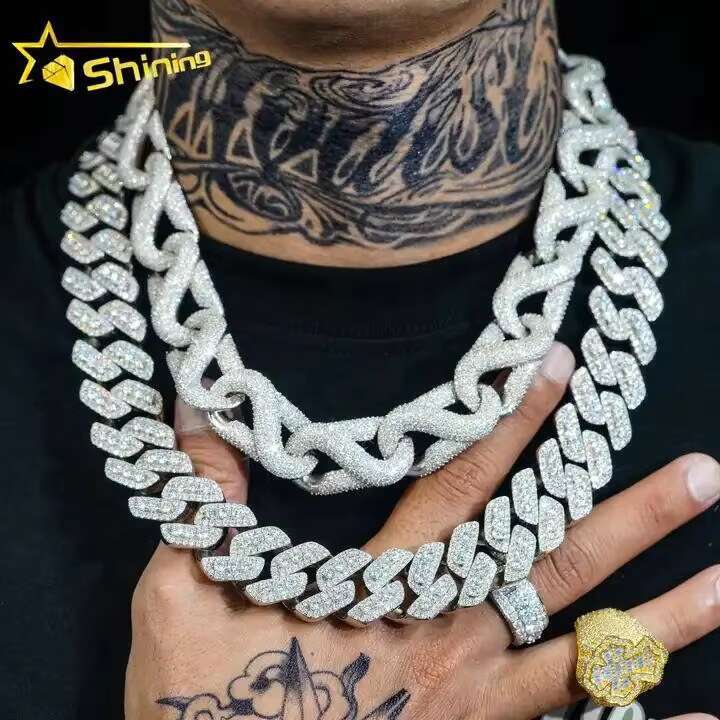 Hip Hop Big Size 20MM Width Fully Diamond Cuban Necklace Customized Iced Out 925 Silver Moissanite Cuban Link Chain