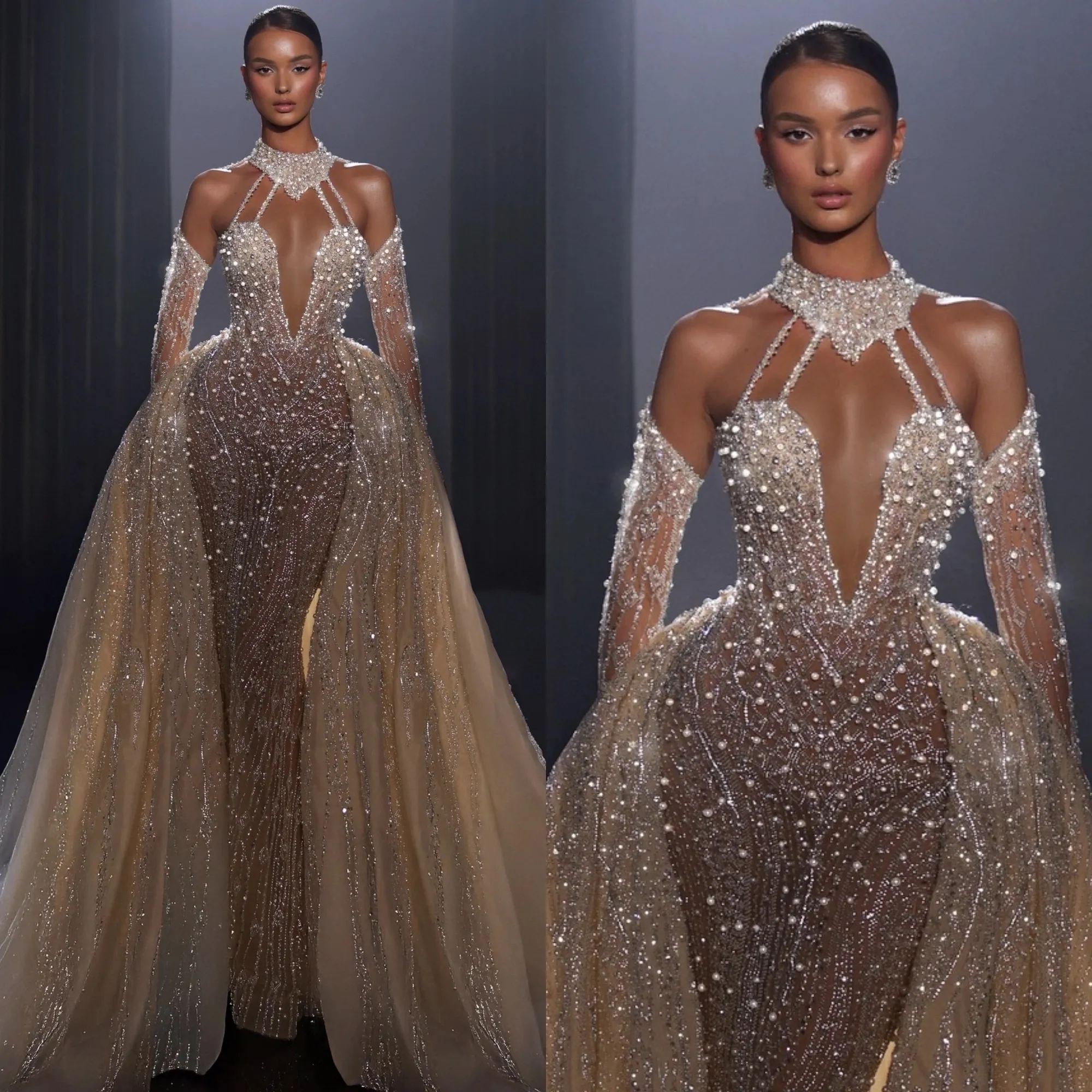 Glitter High Neck Wedding Dress Sparkly Sequined Lace Pearls Mermaid Bridal Gown Detachable Train Bride Dresses Customized