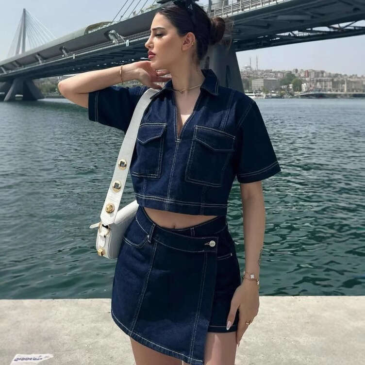 Workwear Denim Suit Skirt Pants V-Neck Short Sleeve Top Summer Women Hot Girl High Waist Irregular B5