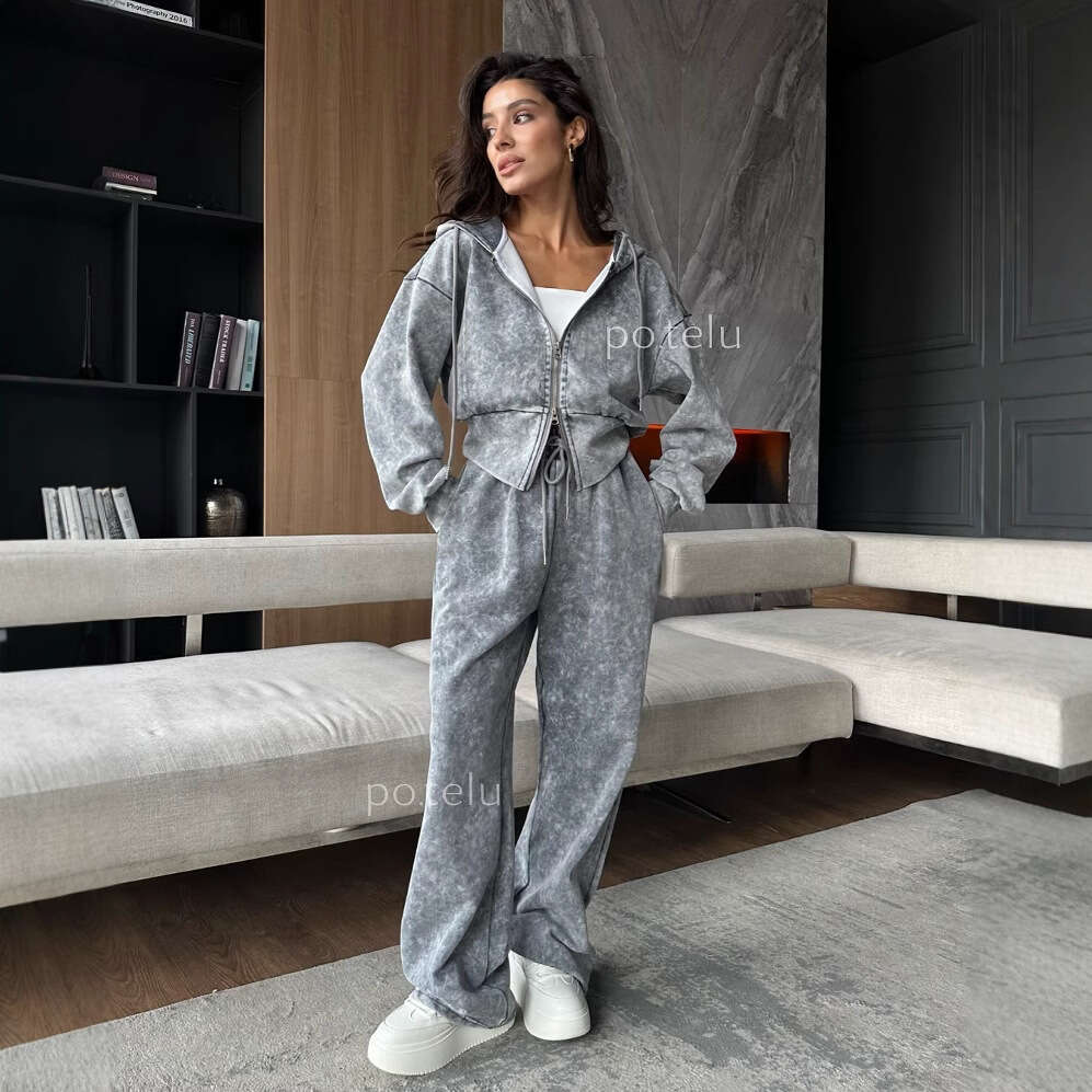 Spring New Washed Vintage Women's Fashion Short Hoodie Sweatshirt Casual Long Pants Two-Piece Set For Women B5