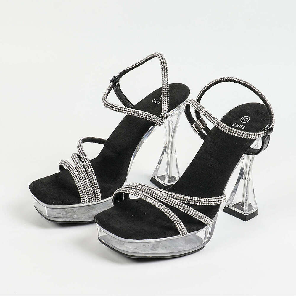 Super High Heels 1987-30 New 12Cm Sexy Car Fashion Transparent Chunky Heel Crystal Square Toe Extreme High Heels Platform High Heels