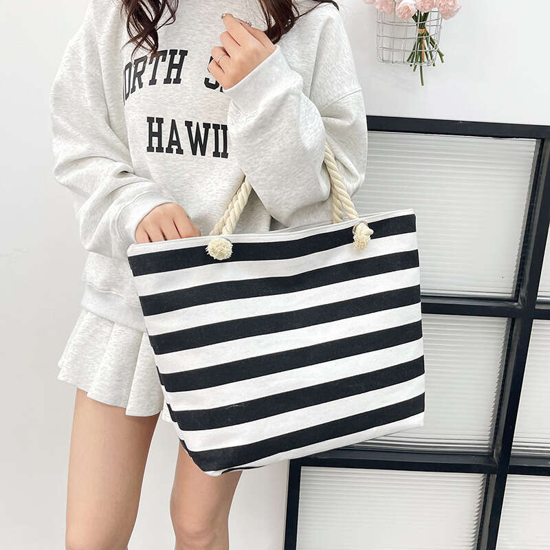 Fashion Striped Canvas Women's Artistic Style Large Capacity Ladies Handbag Shoulder Bag In Stock