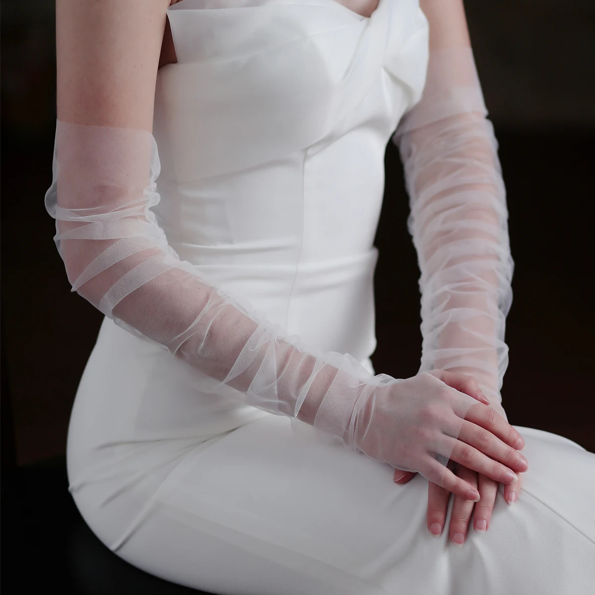 WG108 Elegant White Wedding Bridal Gloves Soft Tulle Long Opera Fingerless Women Pageant Prom Perform Gloves 250530