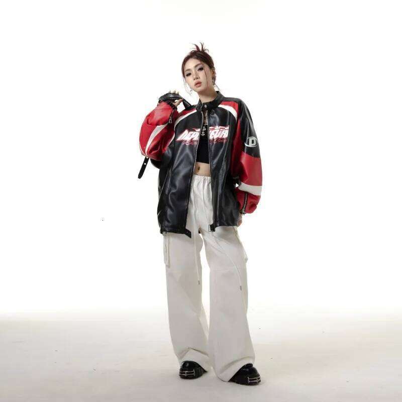 American Retro Splicing Racing Pu Leather Baseball Women Spring Autumn 2024 New Chinese Style Trendy Jacket Aesthetic