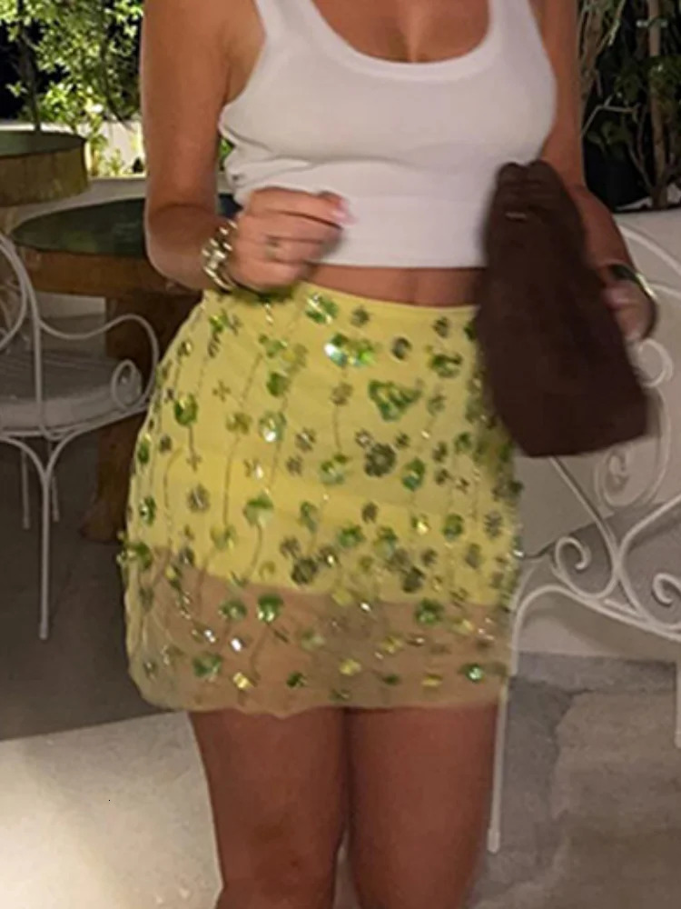 Chic Beaded Embroidery Short Skirts For Women Y2k Sequins Glitter Hip Package Mini Skirt Summer Party Club Female Skirt 250603