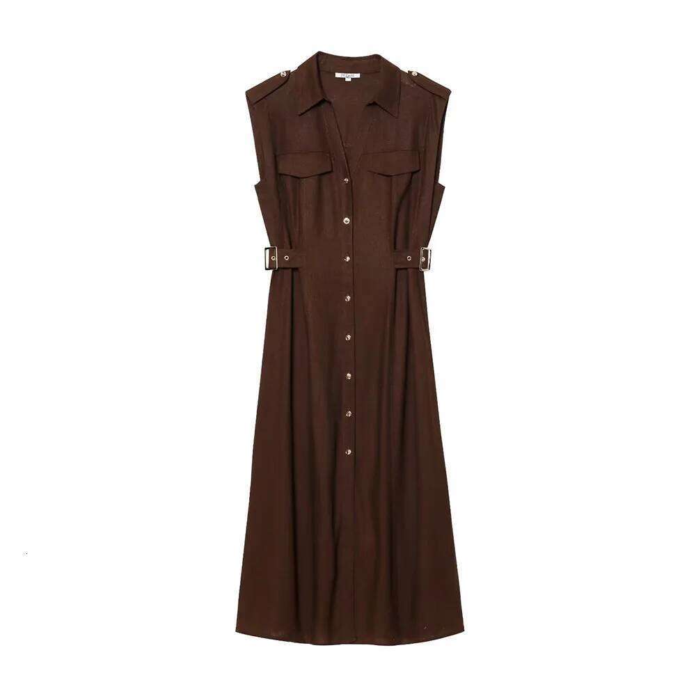 Khaki Brown Two Color Turn Down Collar V Neck Sleeveless Single Breasted Women Comfortable Long Dress 2025 Spring New