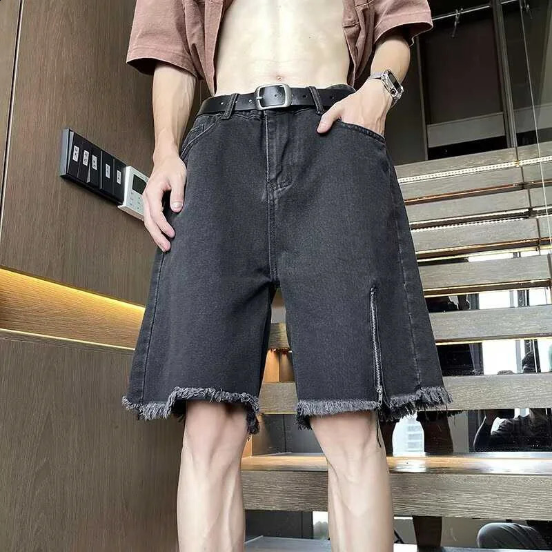 Summer Side Zipper Baggy Jorts For Men Ripped Straight Wide Leg Denim Shorts Hip Hop Fashion Y2K Streetwear Bermuda Jeans 250528
