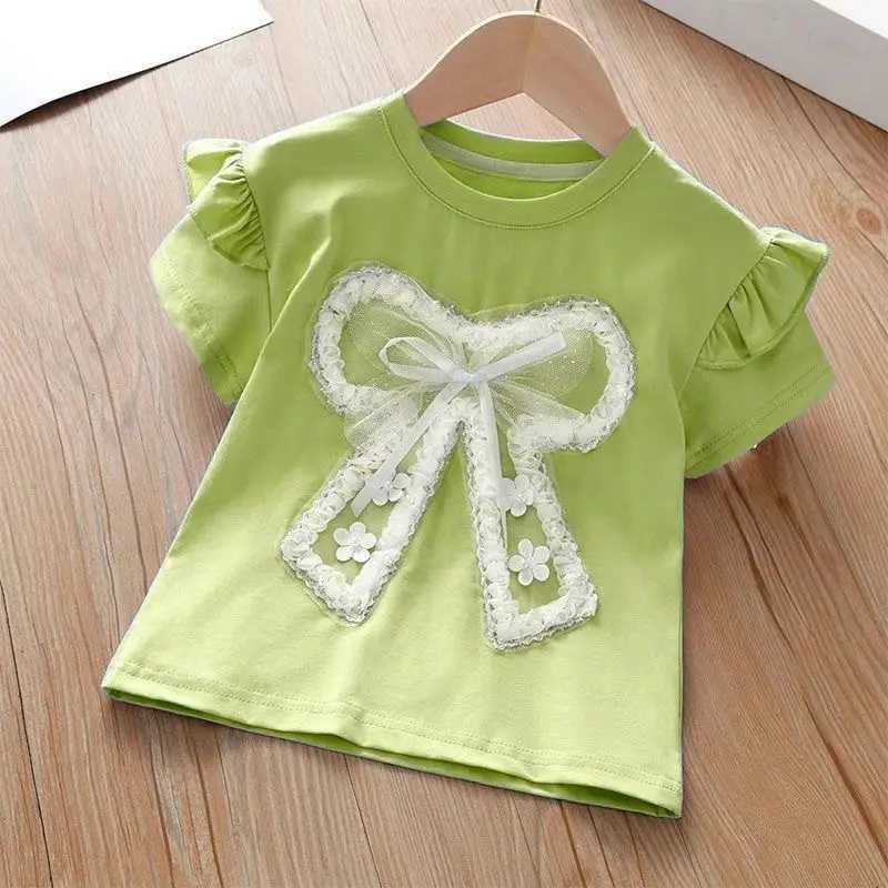 Childrens T-Shirts Lace Bow Lace Short Sleeve Top T Shirt for Kids Girl 2 To 7 Years Kids Clothes for Girls T-shirt T250603