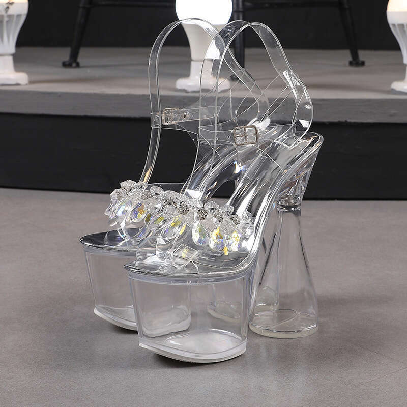 Super High Heels Nightclub Transparent Chunky Wine Glass Heel High Heels 18Cm Sandals With Rhinestones For Women Runway Platform High Heels