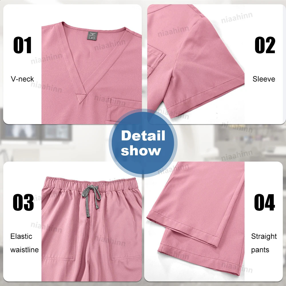 Elastic Scrub Set Operating Room Uniform Dental Veterinary Work Uniforms Vneck Short Sleeved Tops Pants Suit Wholesale 250530