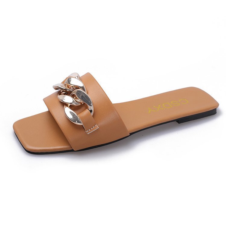 designer 2021 Summer New Trendy Flat One-Strap Sandals for Women Outdoor Fashion Metal Buckle Retro Ins Style