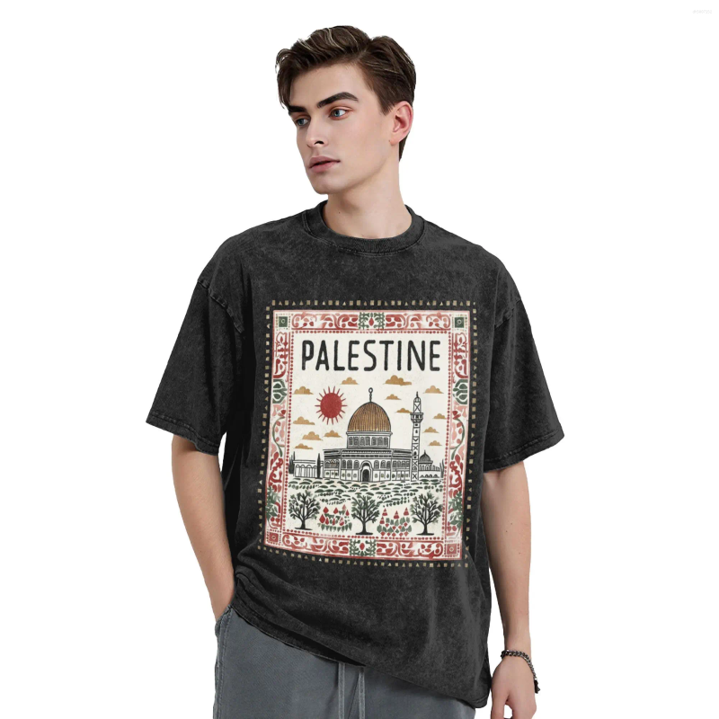 Men's T Shirts Funny Palestine Mosque Stamp T-Shirt For Men Round Neck Pure Cotton Washed Short Sleeve Tee Shirt Birthday Gift Tops