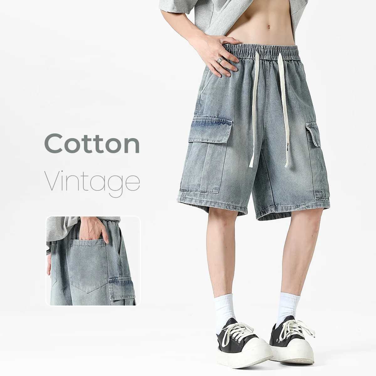 Mens Oversized Denim Shorts Korean Summer Elastic Waist Fashion Baggy Knee-length Cargo Shorts Streetwear Casual Short Jeans T250603