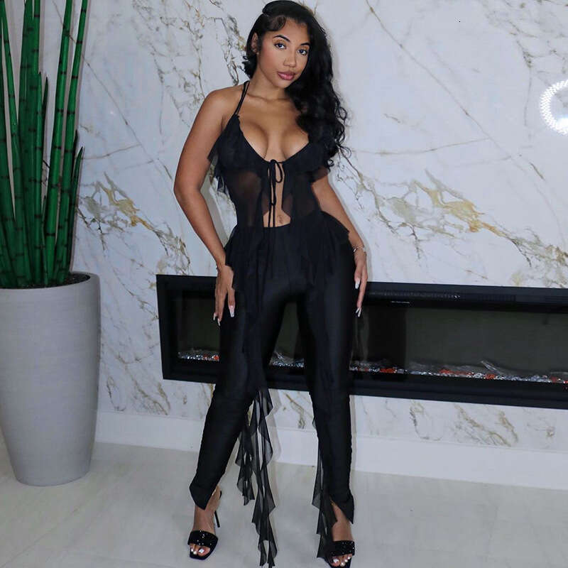 Spring Fashion Trend Women's New Halter Neck Backless Tie Mesh Slim Fit Tank Top B5