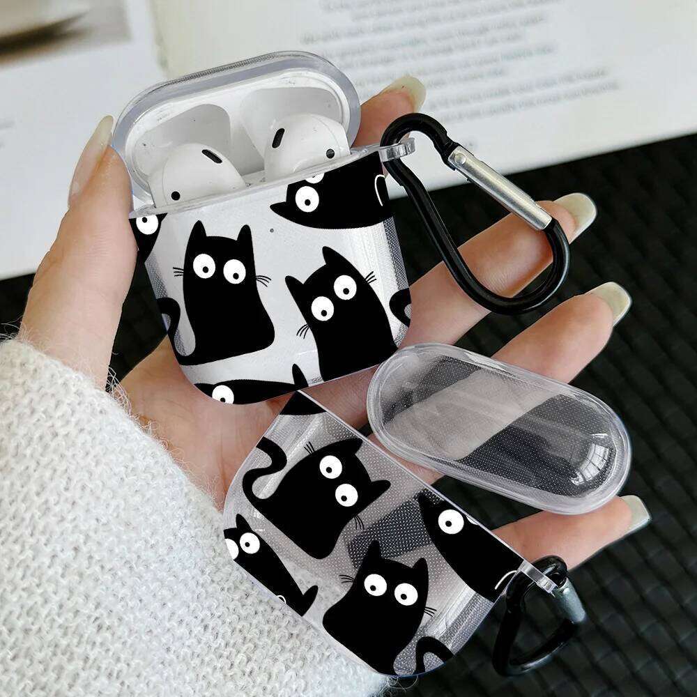 Cute Black Cat Design Pro 2/Pro TPU Earbuds Case For 4 2024 3 1 2 Gen Cover with Keychain Accessory
