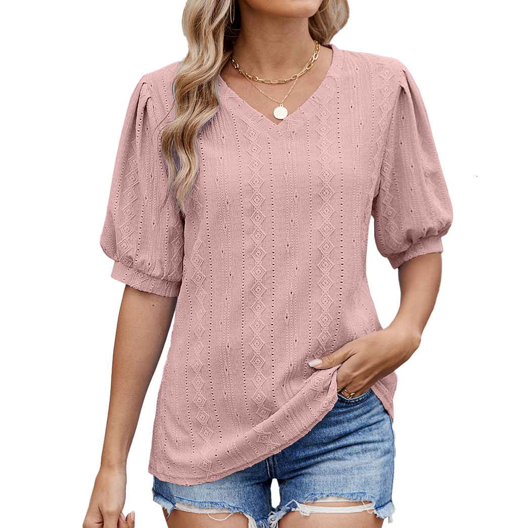Luxury Designer Clothing Fashion Solid Color V-neck Hollow Fluffy Short Sleeved T-shirt Women's Top Designer T-shirt 2025 New Style