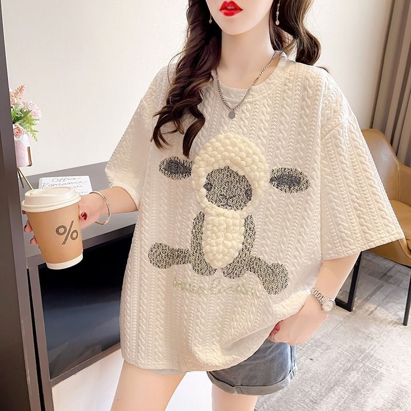 2025 New Spring and Summer T-shirt New 3D Little Sheep Women's Short Sleeve T-shirt, Summer New Fashion Half Sleeve Top Trendy Designer Solid Col