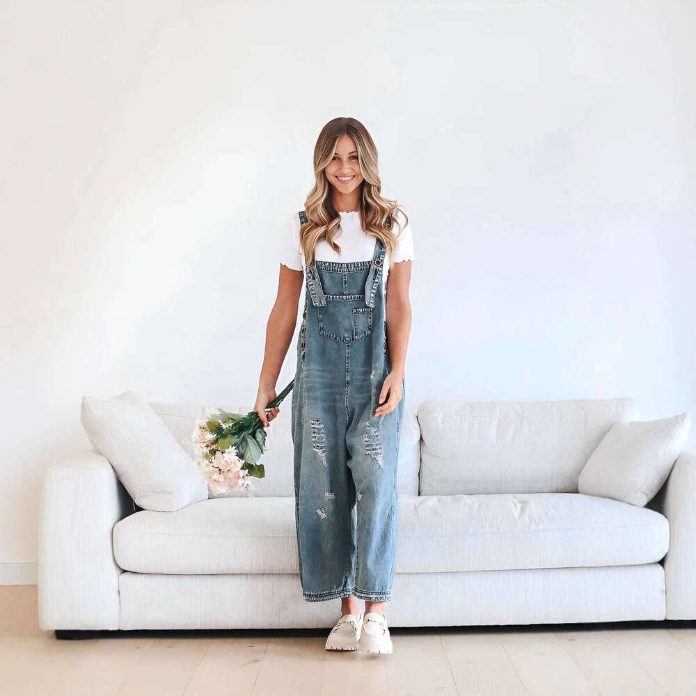 Fashion Vintage Distressed Loose Wide-Leg Comfortable Casual Strap Denim Overalls For Women B5
