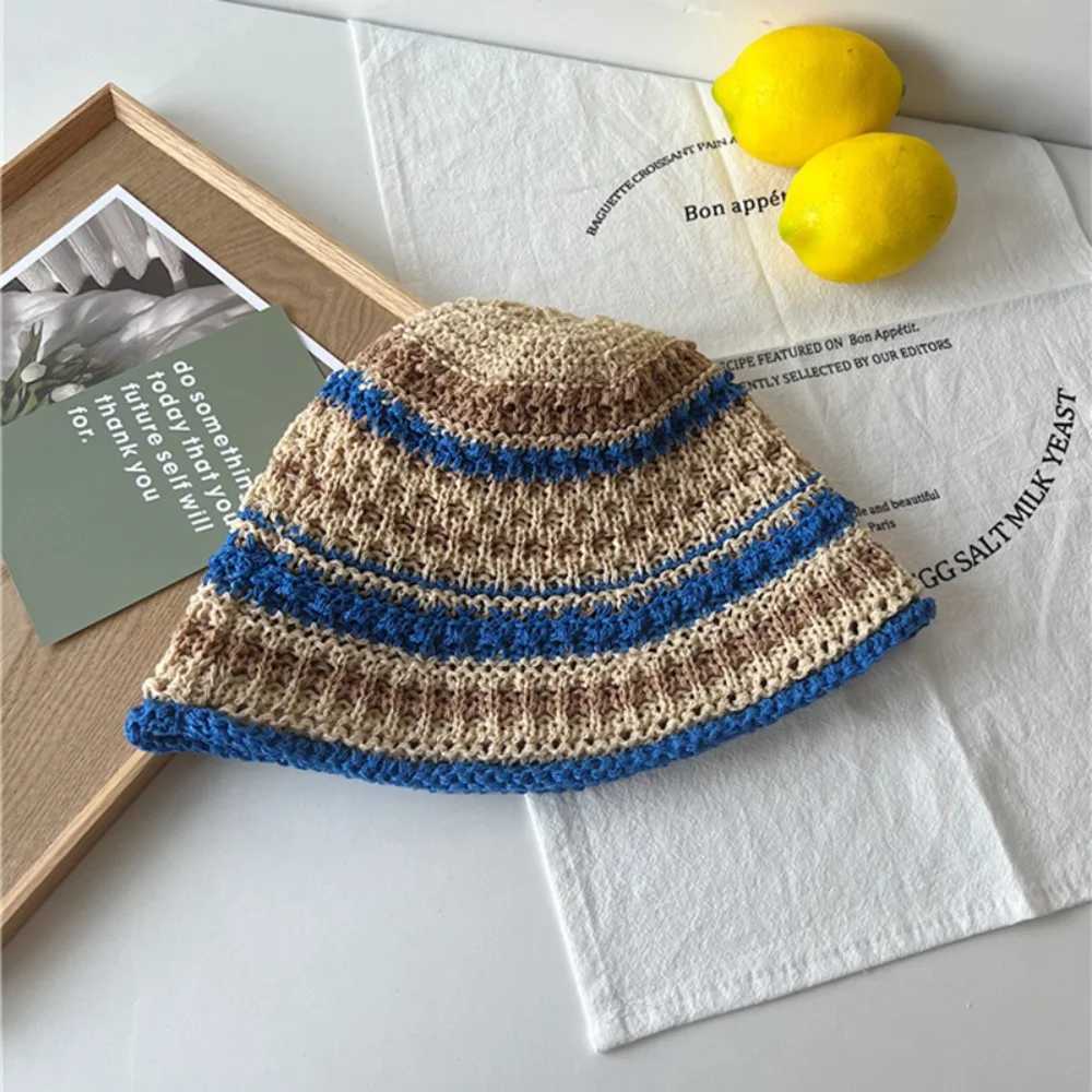 Fashion Rainbow Striped Fisherman Hat Big Brim UV Protection Crochet Bucket Hat Breathable Multicolor Straw Bucket Cap Travel W250602