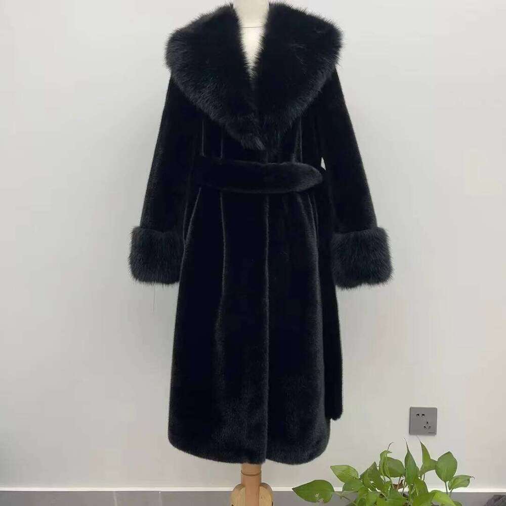 Winter women fake long with belt warm faux fashion 2024 new mink fur coat