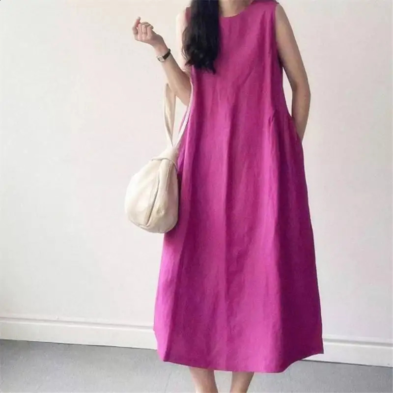 Cotton Linen Sleeveless Dresses Woman Clothing Loose Solar O-Neck Long Dress Ladies Casual Robes Y2k Colors Summer Sundress 250529