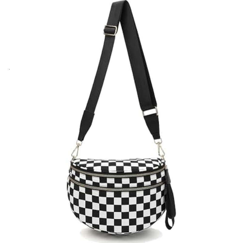 DHgargets Ladies Sling Personalized Black and White Checkered Bum Nylon Women's Crossbody Bag