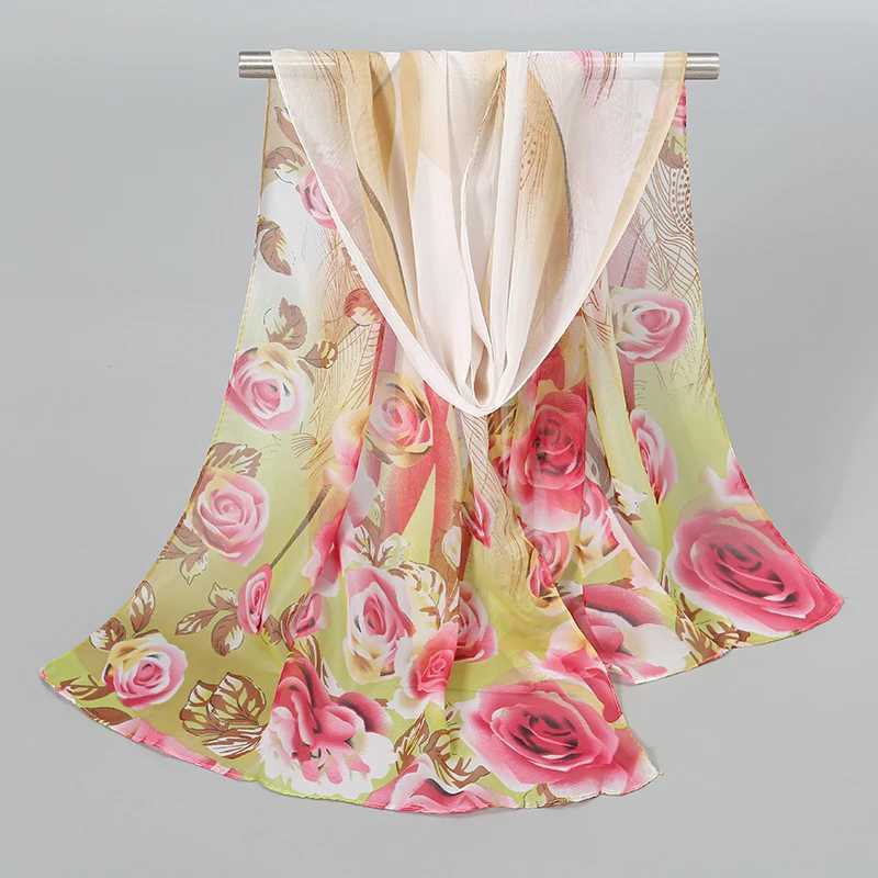 150*50cm Floral Printed Scarf Women Thin Light Chiffon Shawl Breathable Beach Towel Luxury Foulard Silk Feeling Hair Wrap Pareos W250602