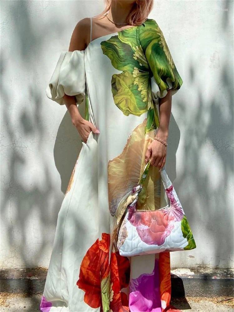 Casual Dresses Women Elegant Floral Printed Evening Banquet Maxi 2025 Summer Sleeves One-shoulder Party Prom Long Dress