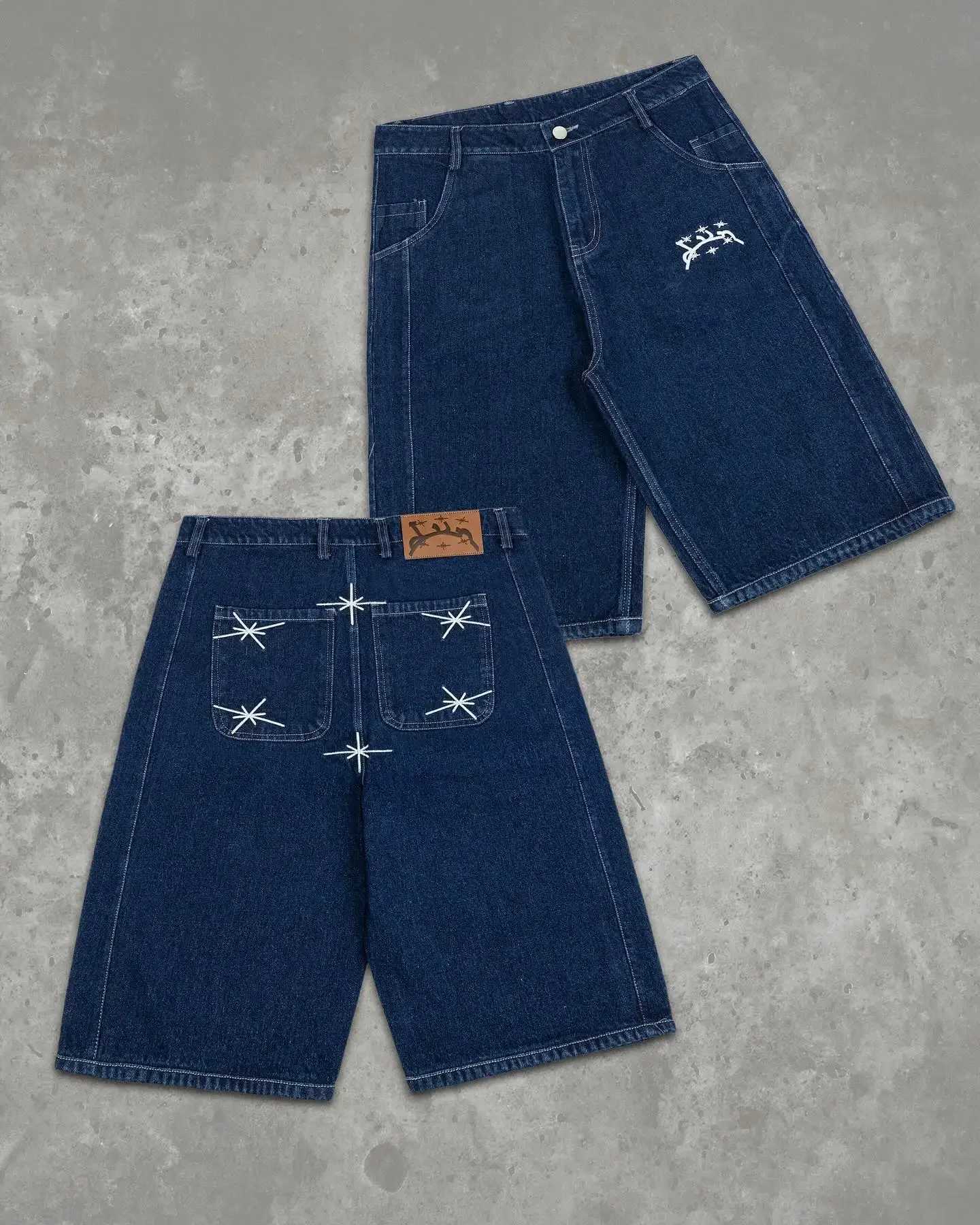 American Retro Cross Geometry Patchwork Embroidered Denim Shorts Men and Women Baggy Casual Gym Washed Shorts Y2k Jorts Clothing T250603