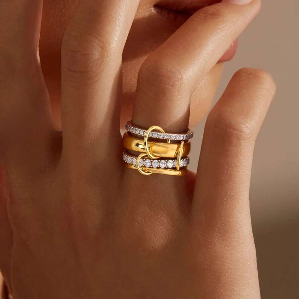 four inlaid with diamonds and zircon copper goldplated interlocking stacking rings special